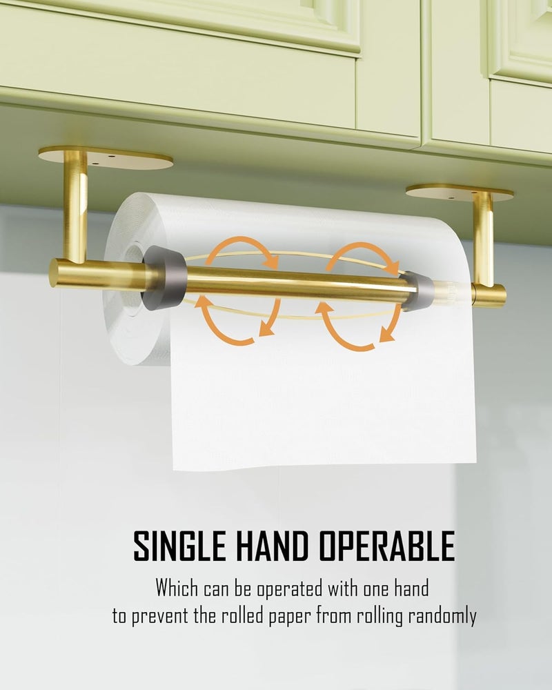 BATHDANCE Paper Towel Holder Under Cabinet, Single Hand Operable Roll Holder with Damping Effect,No Drilling or Wall Mounted SUS304 Stainless Steel for Kitchen Bathroom (Brushed Gold) - Image 2